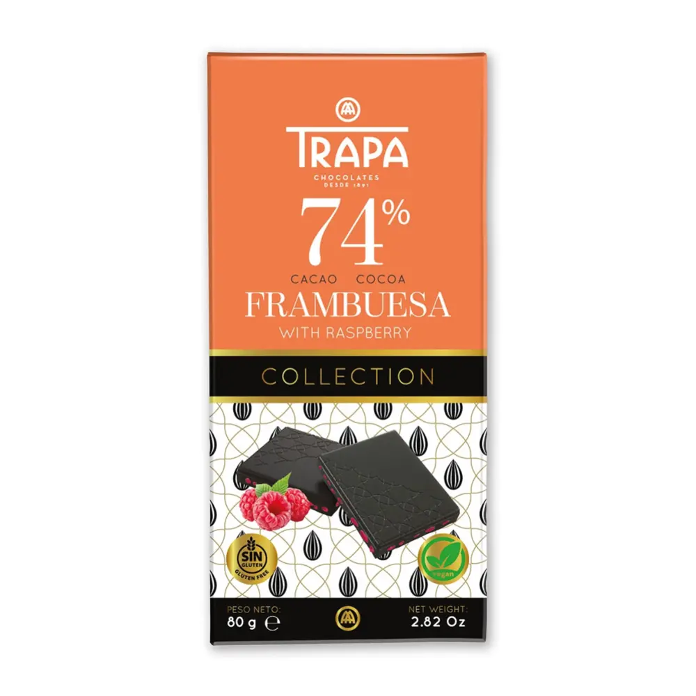 Socola Đắng Phúc Bồn Tử, Vegan Collection, 74% Cocoa with Raspberry, 2.82 oz (80g) - TRAPA