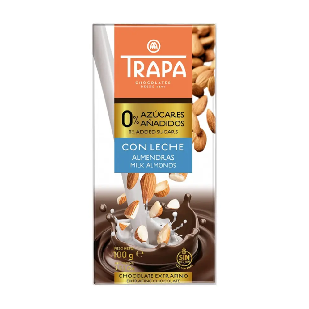 Socola Sữa Hạnh Nhân Không Đường, Extra Fine Chocolate with Milk Almonds, 0% Added Sugars, 3.53 oz (100g) - TRAPA