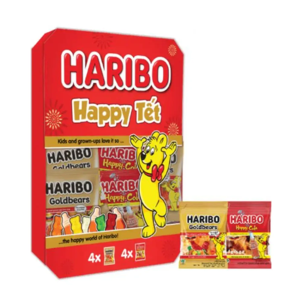 Hộp Quà Giấy Kẹo Dẻo Gấu, Happy Tet, Goldbears & Happy Cola, Paper Box, 8 Gói (96g) - HARIBO