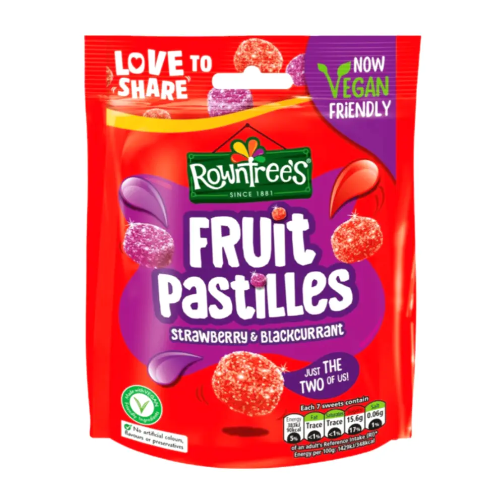 Kẹo Dẻo Dâu Tây & Lý Chua Đen, Fruit Pastilles with Juice, Strawberry & Blackcurrant, Vegan Friendly (143g) - ROWNTREE'S