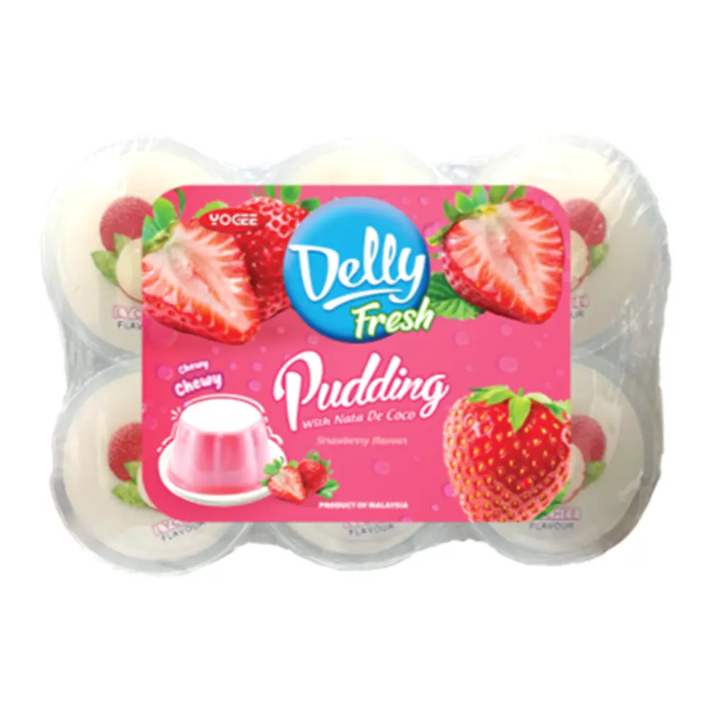 Rau Câu Thạch Dừa Vị Dâu, Delly Fresh, Strawberry Pudding with Nata De Coco, 6 Hũ (660g) - YOGEE