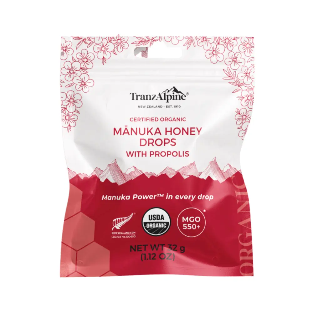 Kẹo Mật Ong Hữu Cơ, Organic Manuka Honey Drops with Propolis, MGO 550+, 1.12 oz (32g) - TRANZALPINE