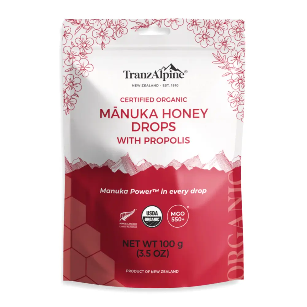 Kẹo Mật Ong Hữu Cơ, Organic Manuka Honey Drops with Propolis, MGO 550+, 3.5 oz (100g) - TRANZALPINE