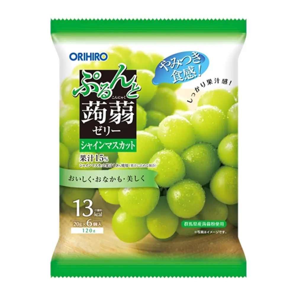Thạch Rau Câu Vị Nho Xanh, Purun & Konjac Jelly Pouch, Shine Muscat Grape, 6 Gói (120g) - ORIHIRO