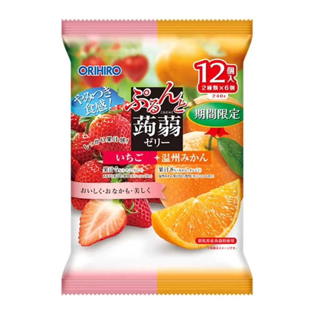 Thạch Rau Câu Vị Dâu & Quýt, Purun & Konjac Jelly Pouch, Strawberry & Satsuma Mandarin Orange, 12 Gói (240g) - ORIHIRO