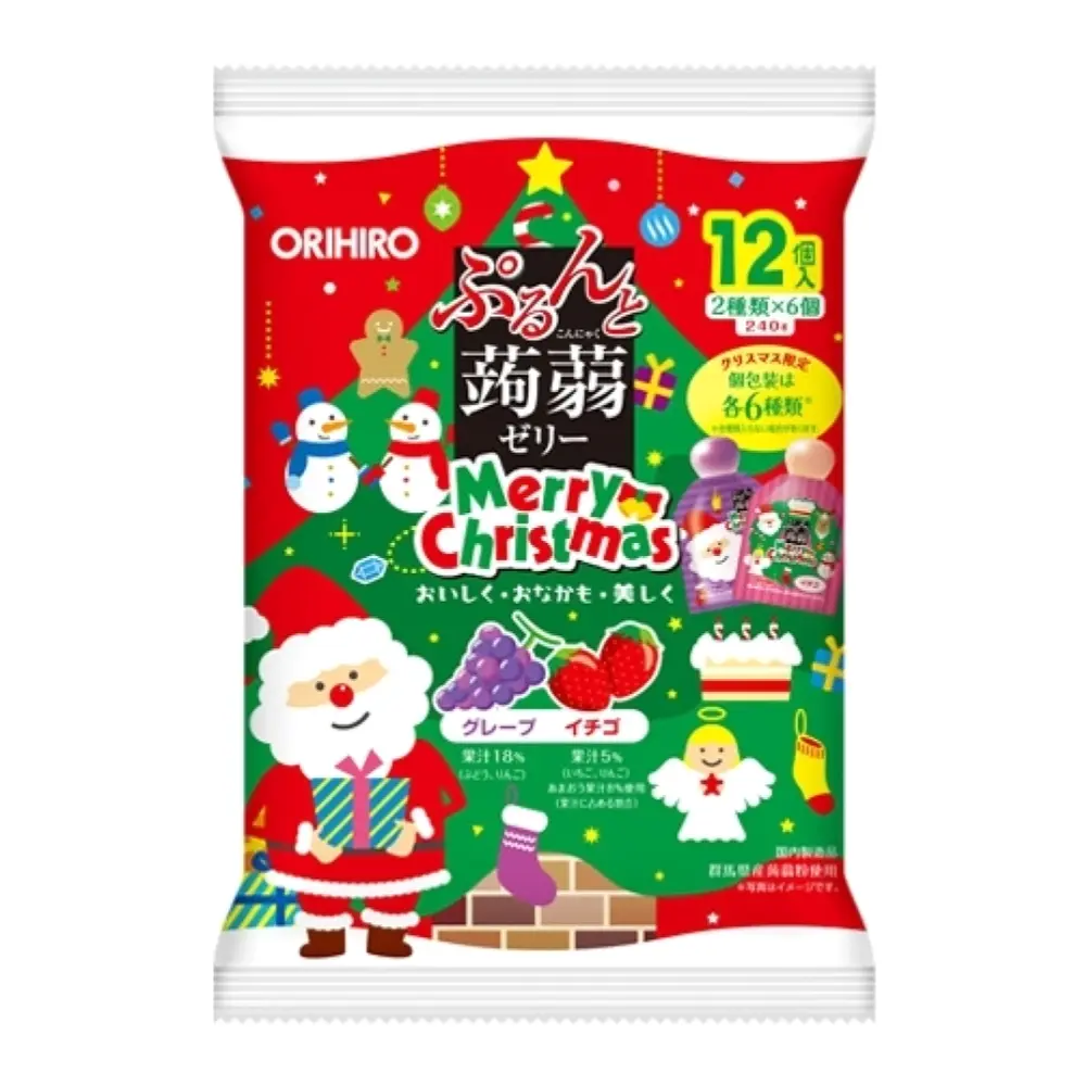 Thạch Rau Câu Noel Vị Nho & Dâu, Merry Christmas Purun & Konjac Jelly Pouch, Grape & Strawberry, 12 Gói (240g) - ORIHIRO