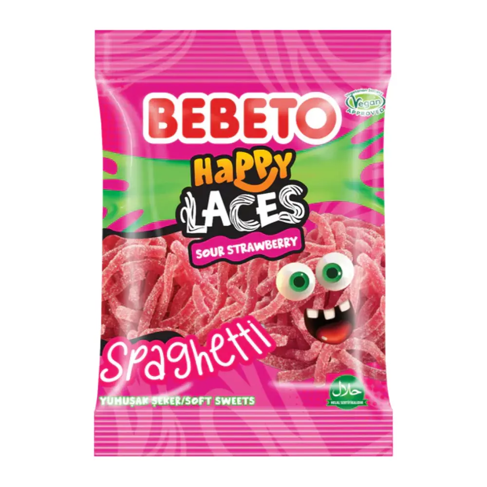 Kẹo Dẻo Hình Mì Ý Vị Dâu Chua, Happy Laces, Sour Strawberry Spaghetti Gummy (80g) - BEBETO