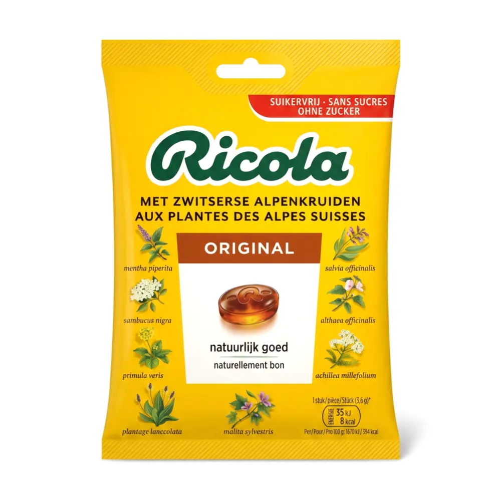 Kẹo Thảo Mộc Thụy Sĩ Nguyên Bản Không Đường, Swiss Herbal Candy, Original, Sugar Free (75g) - RICOLA