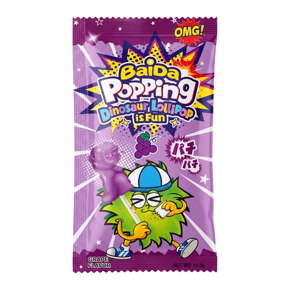 Kẹo Nổ & Kẹo Mút Hình Khủng Long Hương Nho, Popping Candy, Dinosaur Lollipop, Grape Flavor (10.5g) - BAIDA