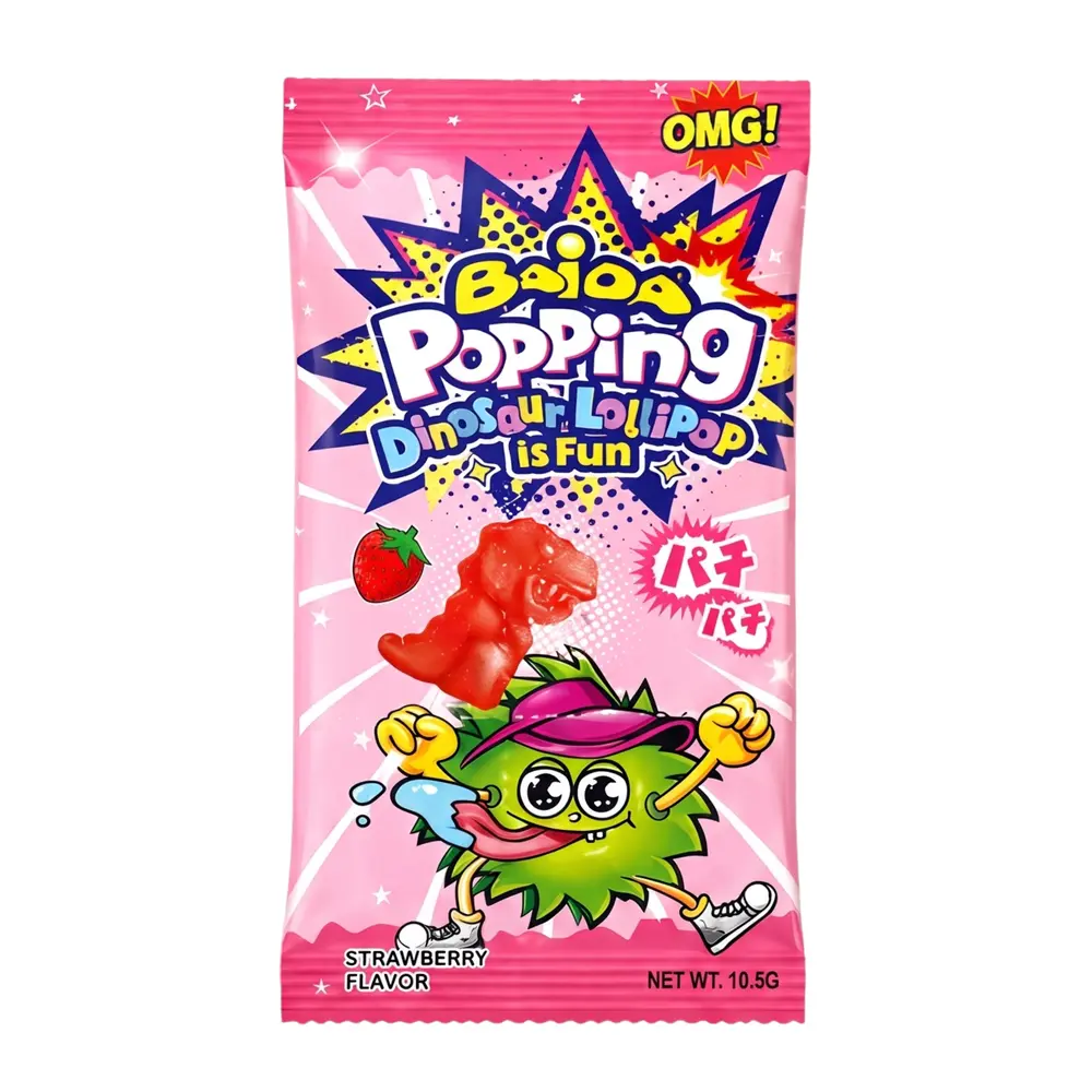 Kẹo Nổ & Kẹo Mút Hình Khủng Long Hương Dâu, Popping Candy, Dinosaur Lollipop, Strawberry Flavor (10.5g) - BAIDA