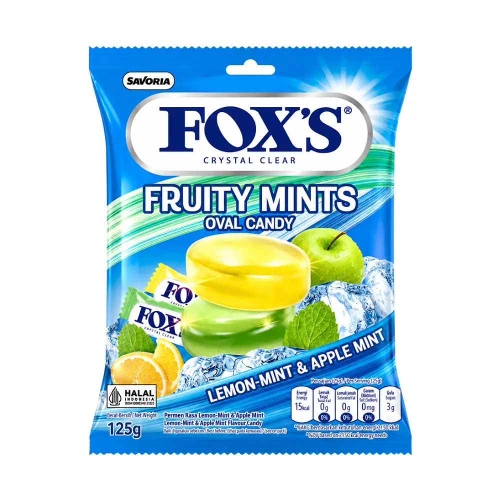 Kẹo Ngậm Hỗn Hợp 2 Vị Trái Cây Bạc Hà, Crystal Clear Oval Candy, Fruity Mints, Lemon Mint & Apple Mint (125g) - FOX'S