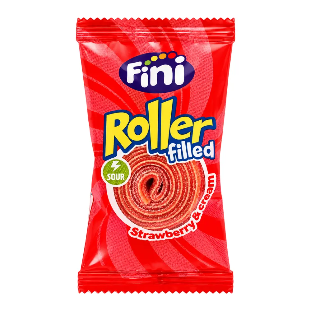 Kẹo Dẻo Cuộn Vị Chua Dâu & Kem, Roller Filled, Sour Strawberry & Cream (20g) - FINI