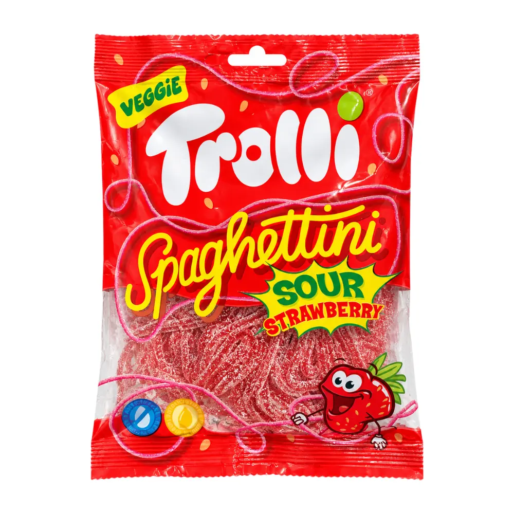 Kẹo Dẻo Sợi Mì Vị Dâu Chua, Spaghettini, Sour Strawberry Veggie Gummy (100g) - TROLLI