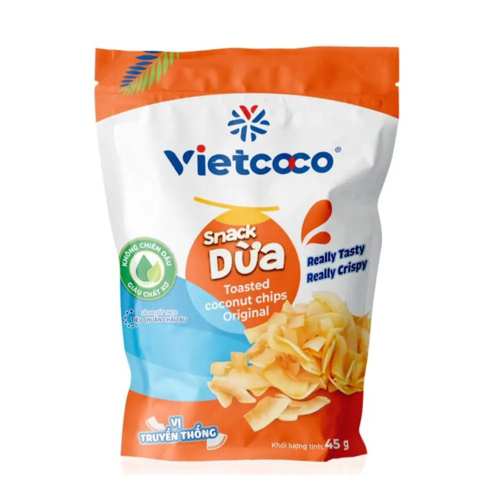 Snack Dừa Vị Truyền Thống, Không Chiên Dầu, Toasted Coconut Chips Original (45g) - VIETCOCO
