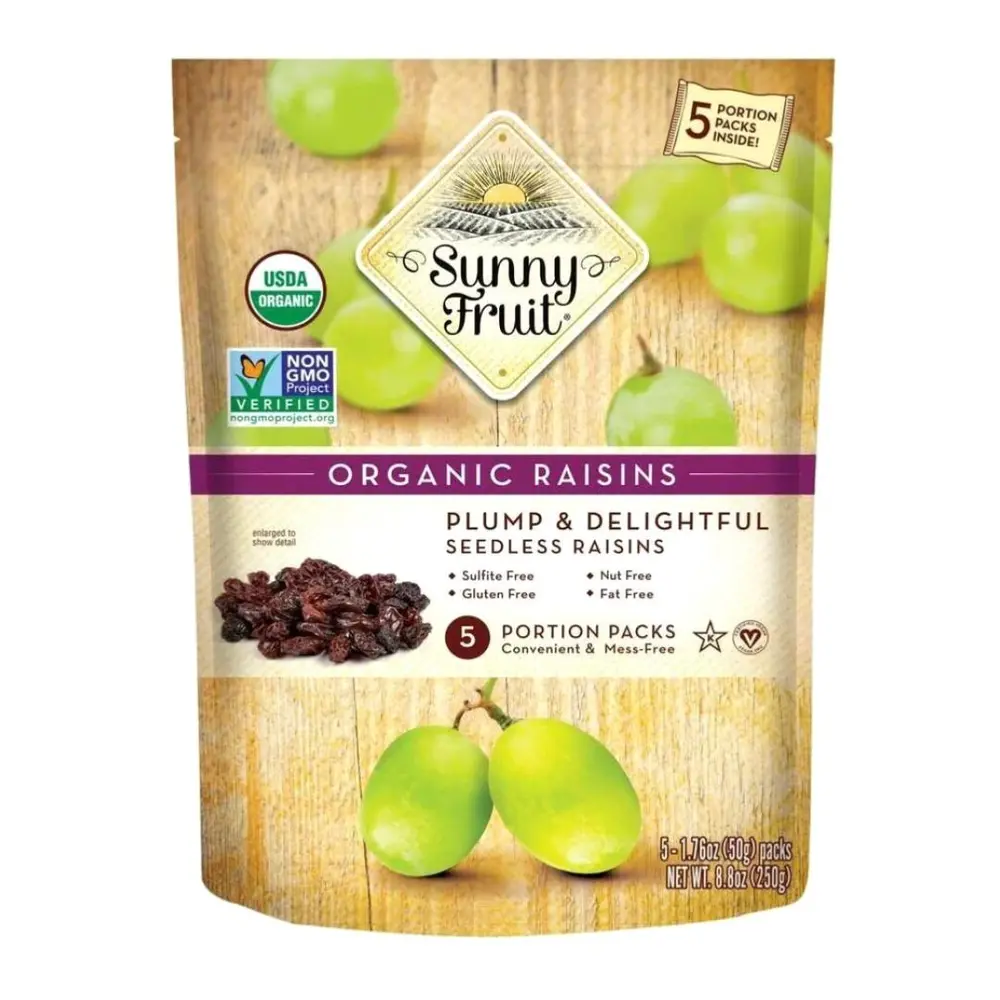 Nho Khô Hữu Cơ, Organic Raisins, Plump & Delightful Seedless Raisins, 5 Gói, 8.8 oz (250g) - SUNNY FRUIT