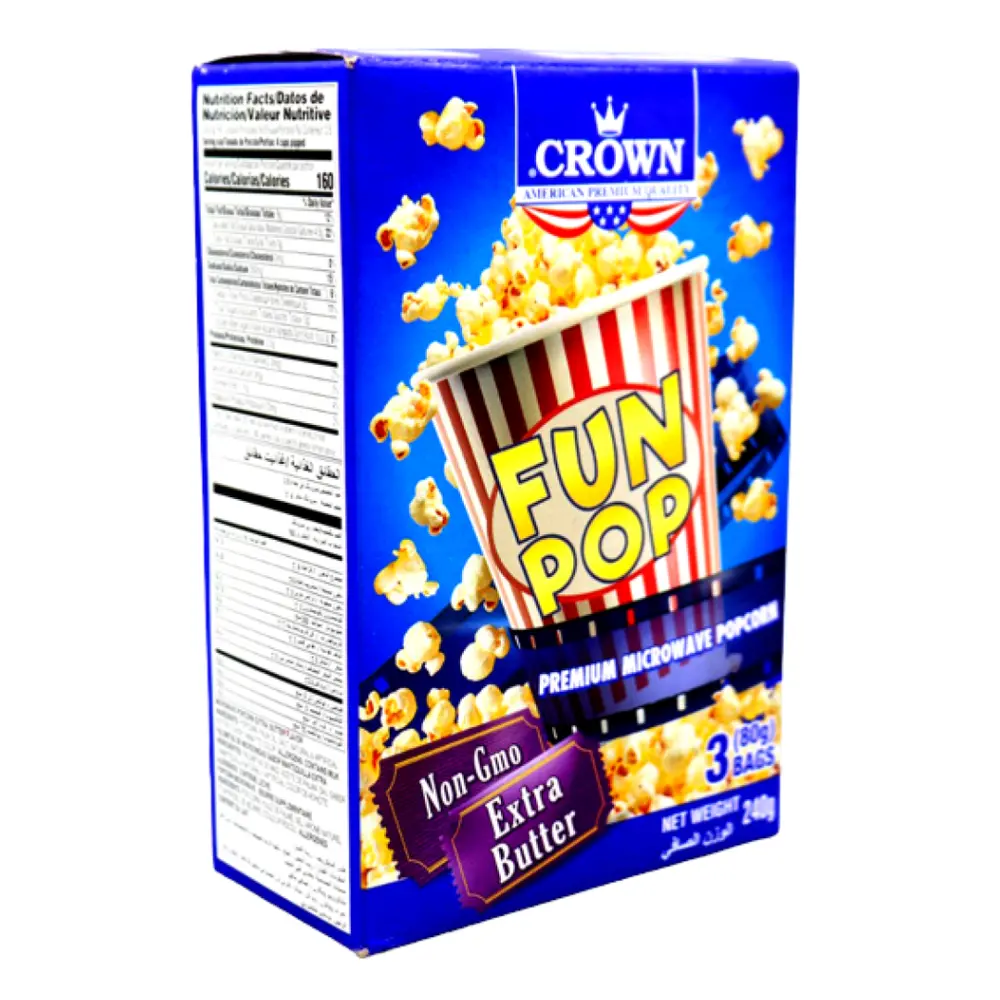 Bắp Bung Bơ, Fun Pop, Premium Microwave Popcorn, Extra Butter, 3 Gói (240g) - CROWN