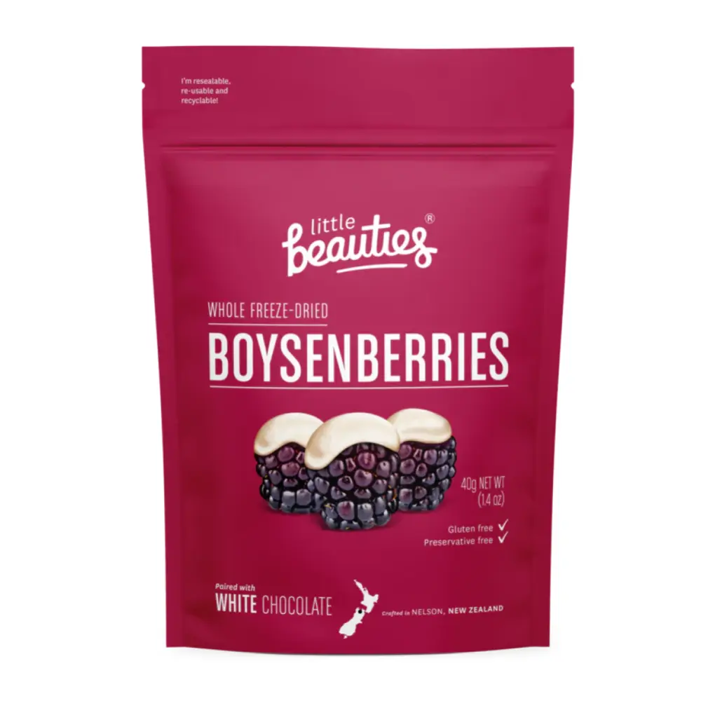 Mâm Xôi Sấy Lạnh Phủ Socola Trắng, Freeze-Dried Whole Boysenberries paired with White Chocolate, 1.4 oz (40g) - LITTLE BEAUTIES