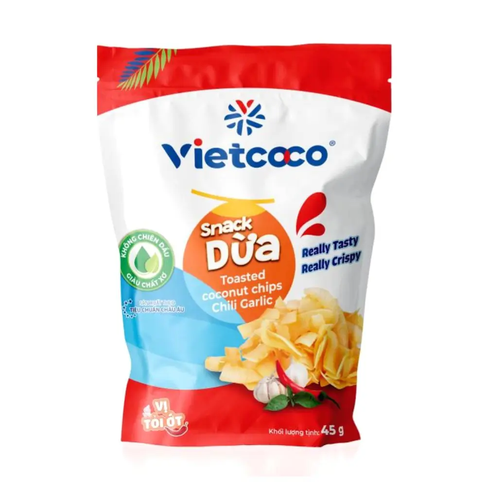 Snack Dừa Vị Tỏi Ớt, Toasted Coconut Chips, Chili Garlic (45g) - VIETCOCO
