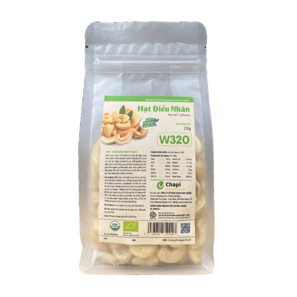 Hạt Điều Nhân Trắng Hữu Cơ Hạt Nguyên, Organic Whole Kernel Cashews, W320 (250g) - CHAPI