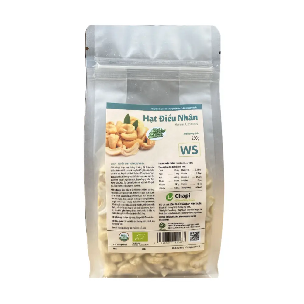 Hạt Điều Nhân Trắng Hữu Cơ Vỡ Đôi, Organic Splitted Kernel Cashews, WS (250g) - CHAPI