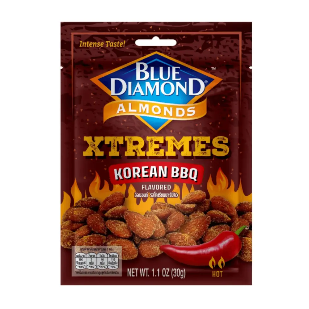 Hạnh Nhân Rang Vị Thịt Nướng Hàn Quốc, Xtremes, Korean BBQ Flavored Almonds, Hot, 1.1 oz (30g) - BLUE DIAMOND ALMONDS