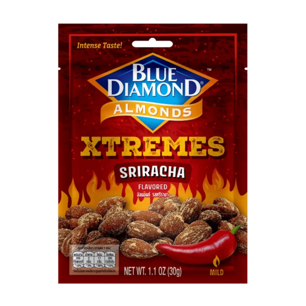 Hạnh Nhân Rang Vị Tương Ớt, Xtremes, Sriracha Flavored Almonds, Mild, 1.1 oz (30g) - BLUE DIAMOND ALMONDS