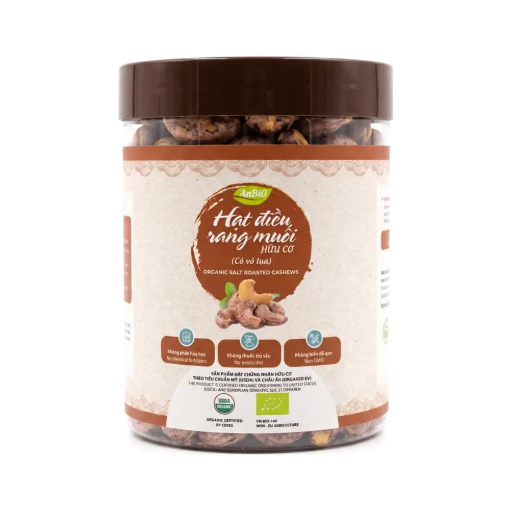 Hạt Điều Rang Muối Có Vỏ Lụa Hữu Cơ, Organic Salt Roasted Cashews with Skin (300g) - ANBIO