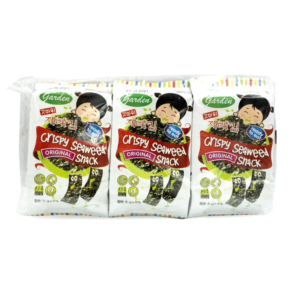 Rong Biển Cho Bé Vị Truyền Thống, Garden, Crispy Seaweed Snack, Original, 3 Gói (15g) - GODBAWEE