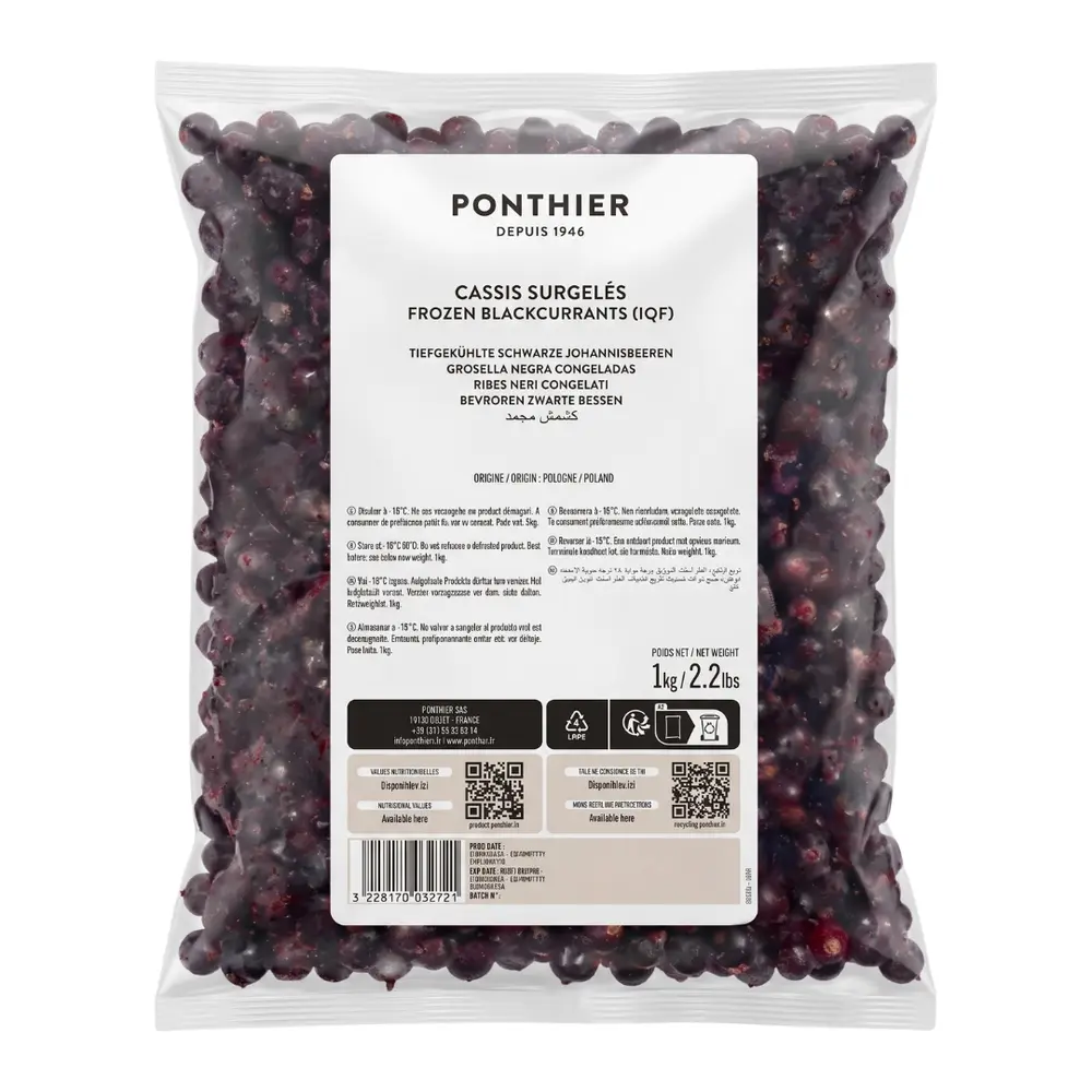 Quả Lý Chua Đen Nguyên Trái Đông Lạnh, Frozen Blackcurrants IQF, 2.2 lbs (1kg) - PONTHIER