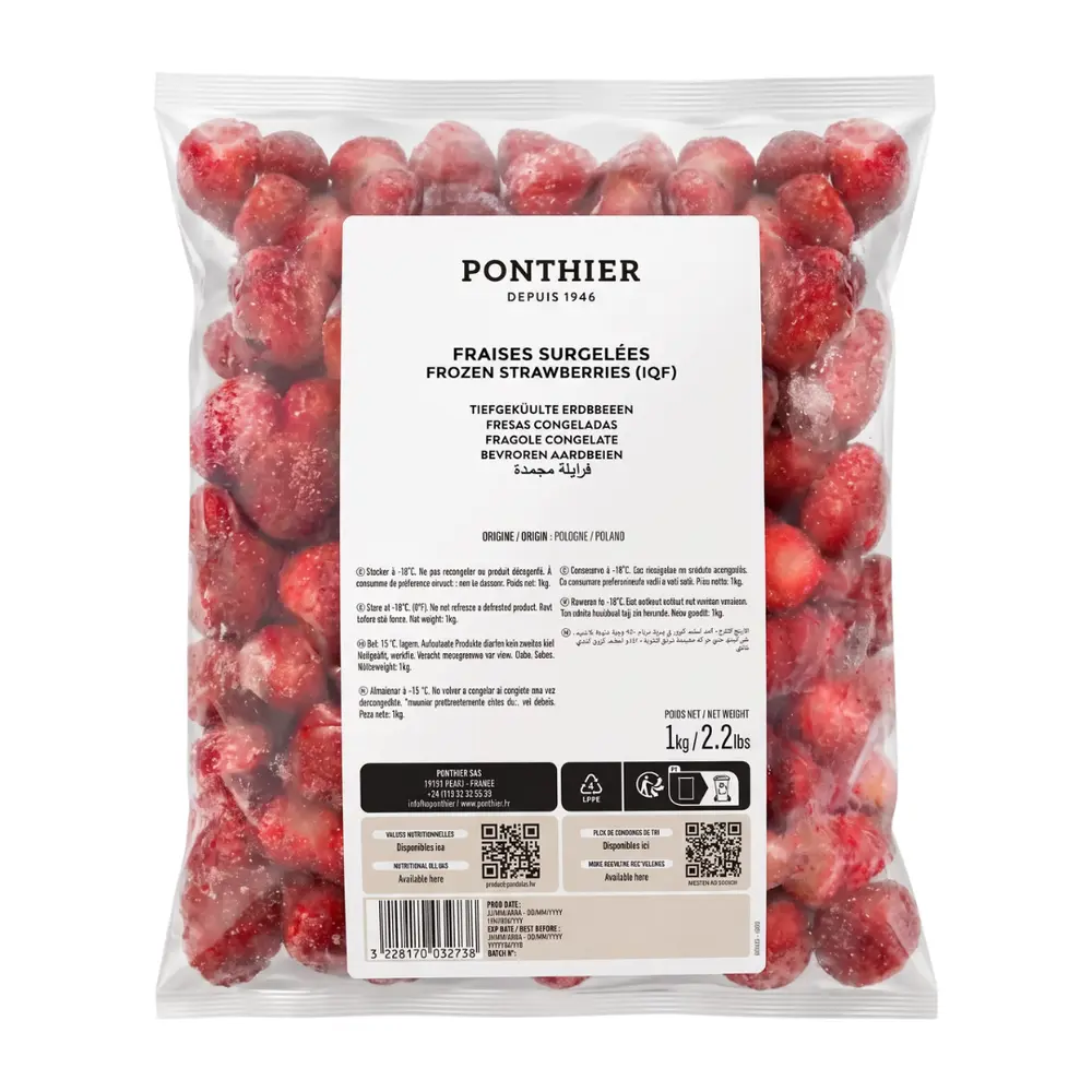 Dâu Tây Nguyên Trái Đông Lạnh, Frozen Strawberries IQF, 2.2 lbs (1kg) - PONTHIER