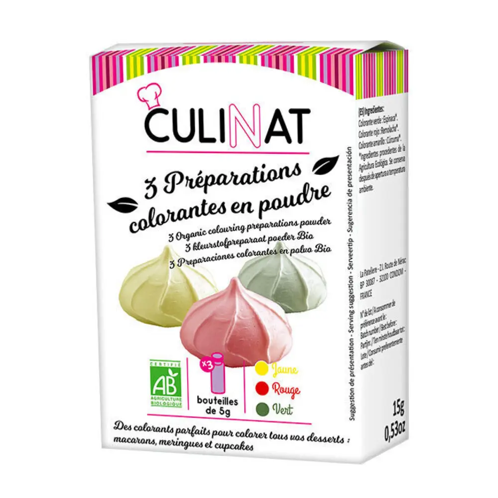 Bột Màu Thực Phẩm Hữu Cơ, 3 Poudres Colorantes Bio, Food & Frosting Colour, 0.53 oz (15g) - CULINAT