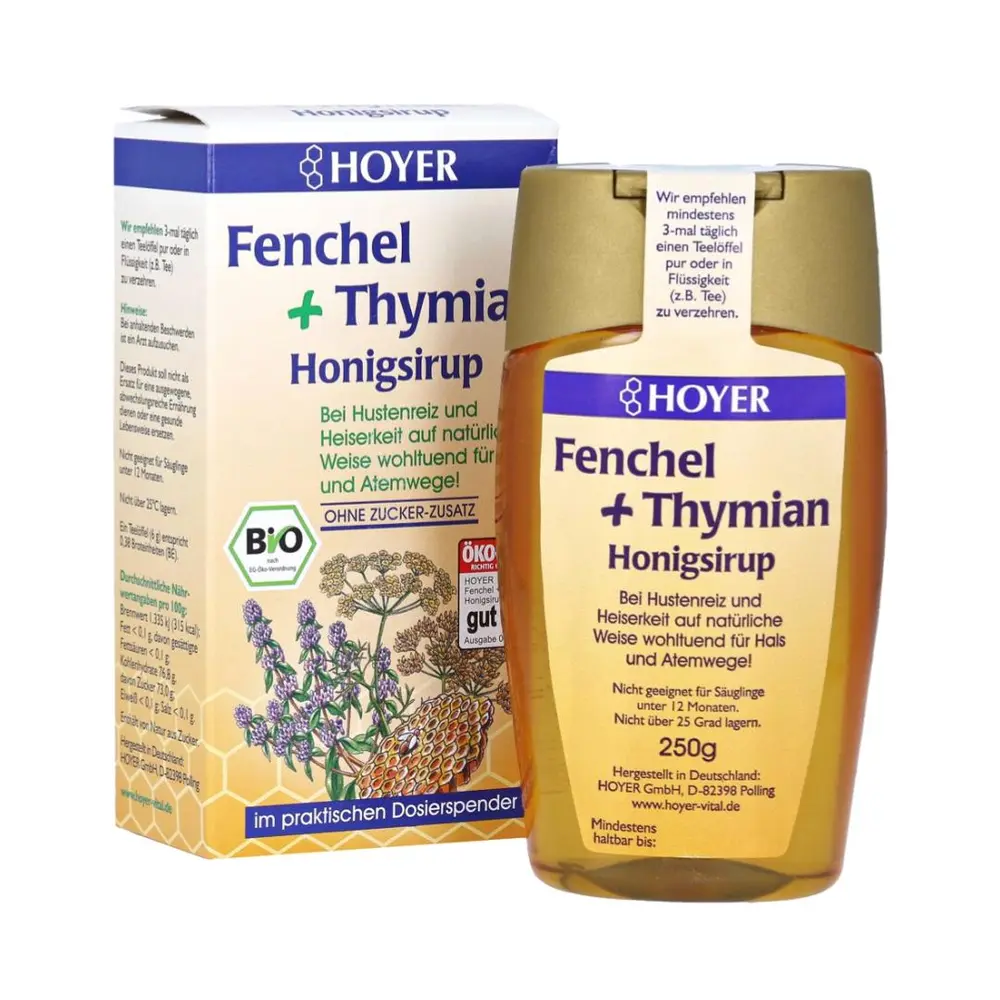 Siro Mật Ong Tiểu Hồi & Xạ Hương Hữu Cơ Trị Ho, Fenchel + Thymian Honigsirup, Fennel & Thyme Honey Syrup (250g) - HOYER