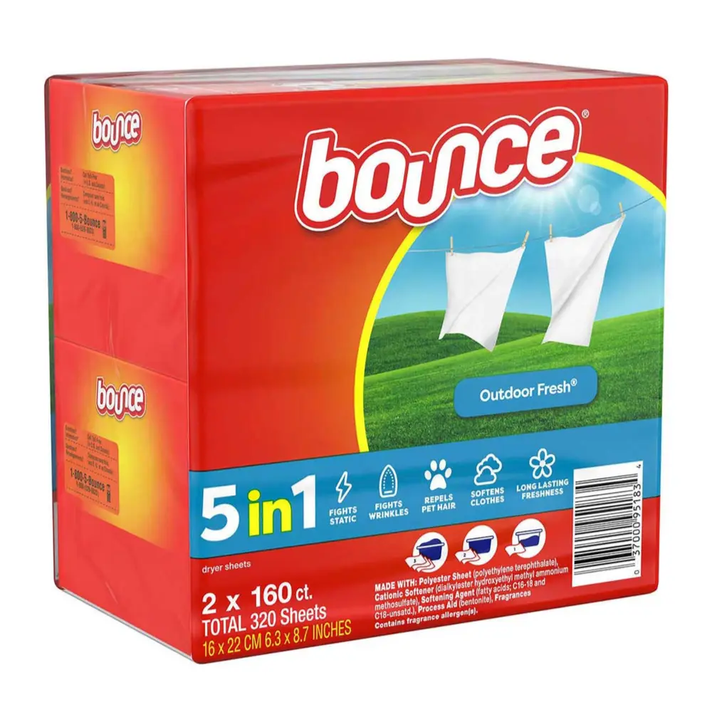 Giấy Thơm Sấy Quần Áo, 5 in 1 Dryer Sheets, Outdoor Fresh, 2 Hộp, 320 Tờ (16 x 22cm) - BOUNCE