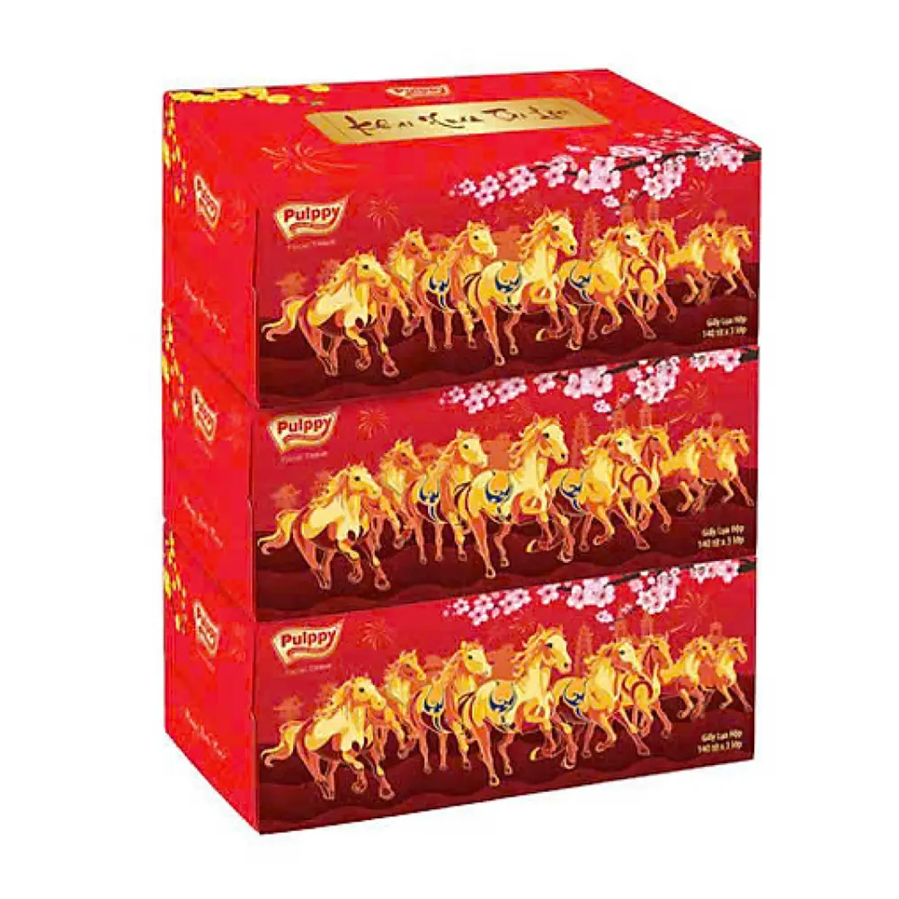 Giấy Lụa Hộp Cao Cấp Phiên Bản Tết, Premium Quality Facial Tissue, New Year Edition, 3 Hộp, 420 Tờ (186 x 200mm) - PULPPY