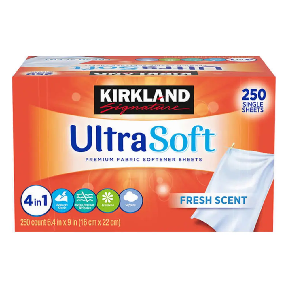 Giấy Xả Vải Thơm Quần Áo, Ultra Soft, 4 in 1 Premium Fabric Softener Sheets, Fresh Scent, 250 Tờ (16 x 22cm) - KIRKLAND