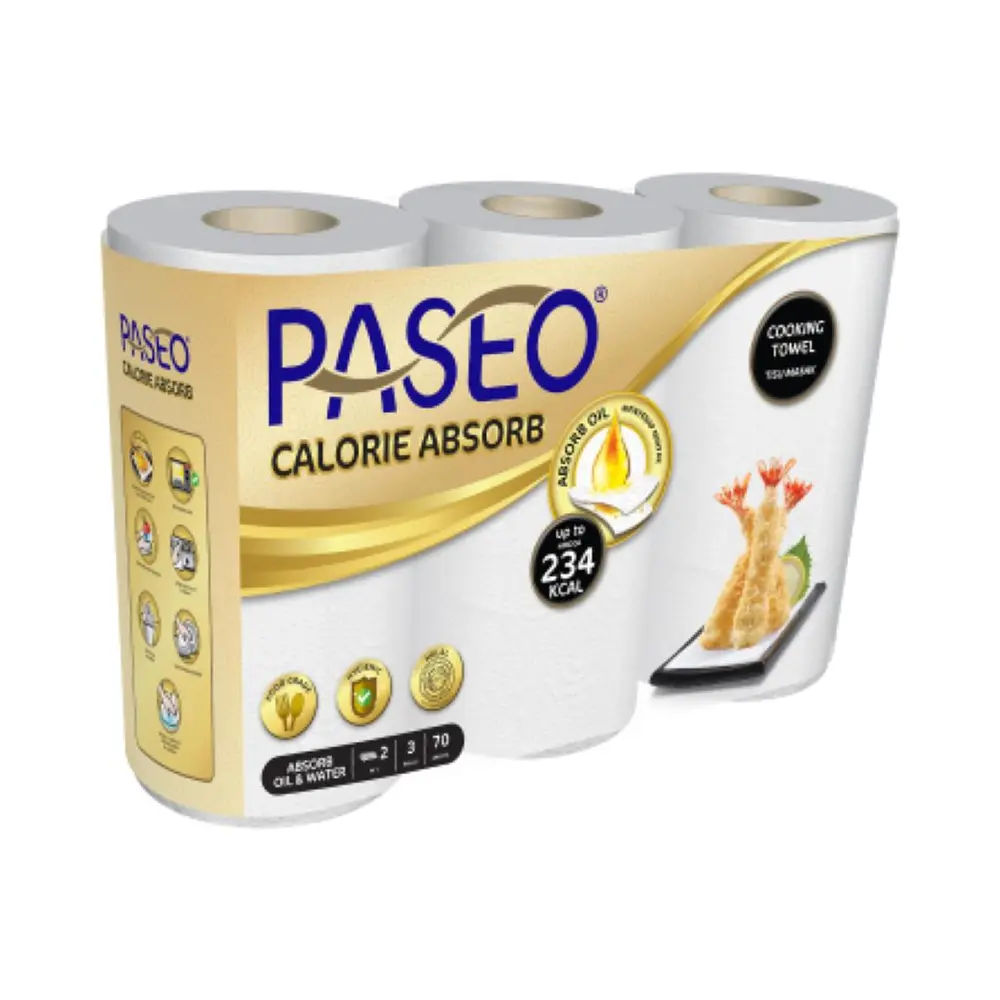 Giấy Bếp Thấm Dầu Thực Phẩm 2 Lớp, Calorie Absorb Cooking Towel, 3 Cuộn, 210 Tờ (223 x 2280mm) - PASEO
