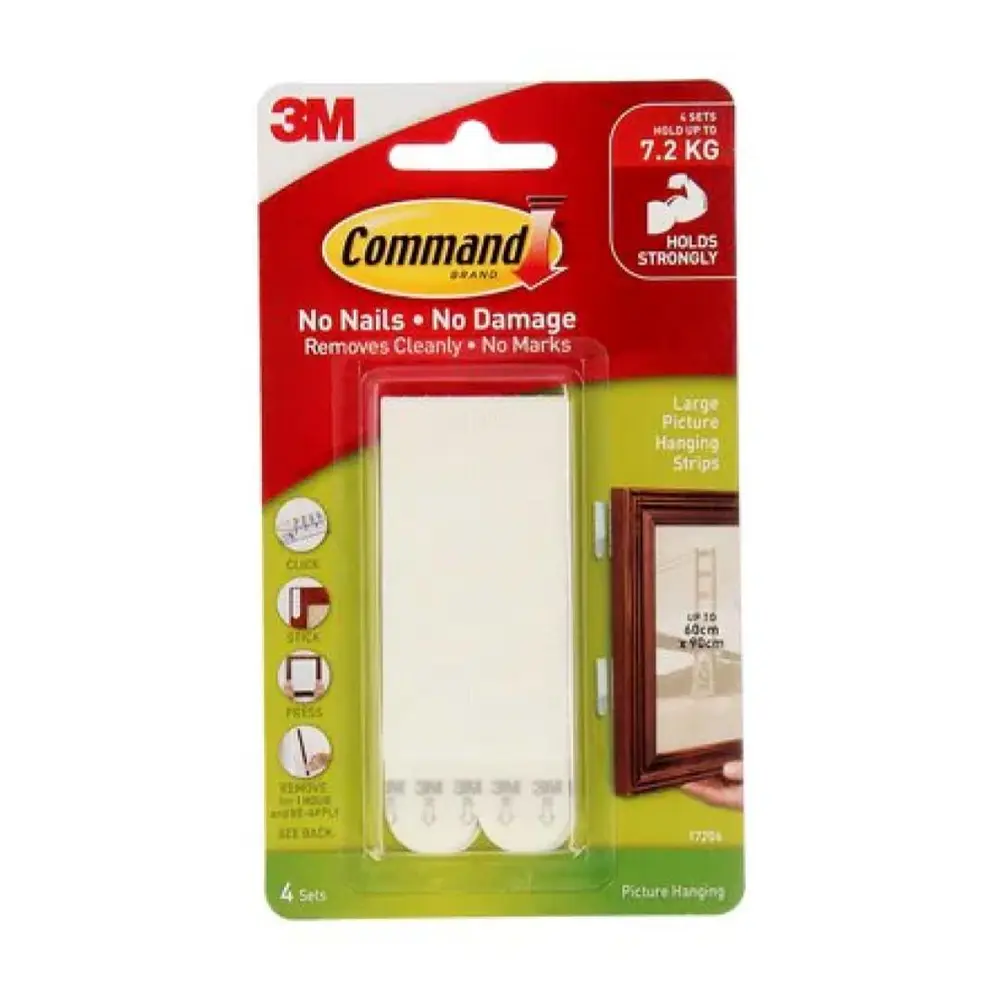 Móc Dán Treo Tranh Lớn, Command, Large Picture Hanging Strips, Damage-Free, Holds 7kg, 4 Cặp - 3M