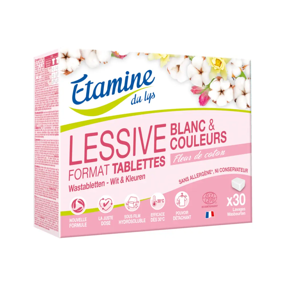 Viên Giặt Quần Áo Hữu Cơ Hương Hoa Cotton, Lessive Format Tablettes, Blanc & Couleurs, Fleur de Conton, 30 Viên (900g) - ETAMINE DU LYS