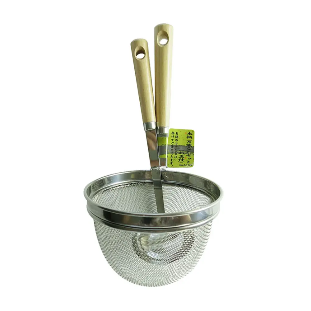 Bộ Vá, Vợt Inox, Wooden Handle All-Purpose Strainer Set with Ladle (13 x 27cm) - PEARL METAL