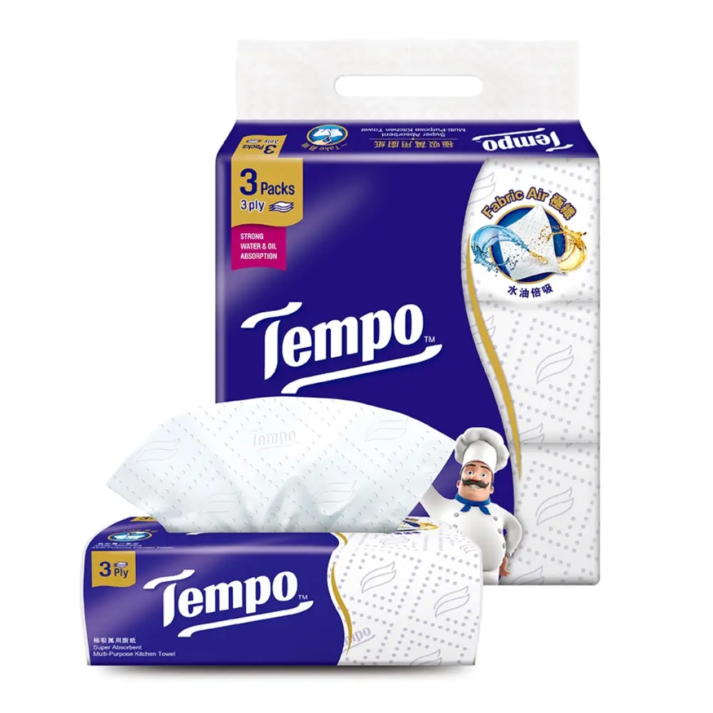 Khăn Giấy Bếp Đa Năng 3 Lớp Siêu Thấm, Super Absorbent Multi-Purpose Kitchen Towel, 3 Gói (224 x 193mm) - TEMPO