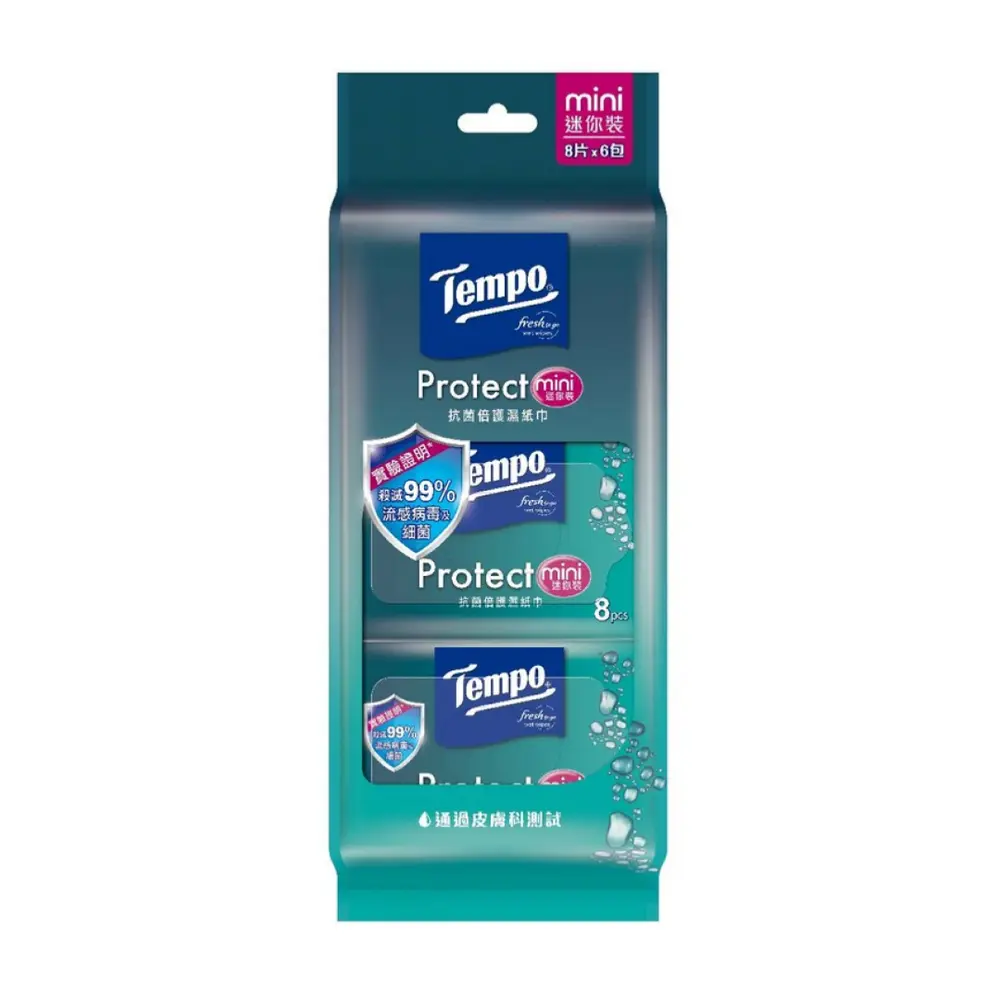 Khăn Giấy Ướt Diệt Khuẩn, Protect Mini, Fresh To Go Wet Wipes, 6 Gói, 48 Tờ (140 x 150mm) - TEMPO