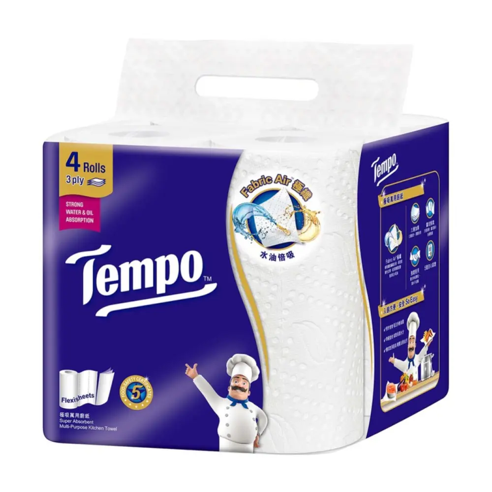 Khăn Giấy Bếp Đa Năng 3 Lớp Siêu Thấm, Super Absorbent Multi-Purpose Kitchen Towel, 4 Cuộn (112 x 224mm) - TEMPO