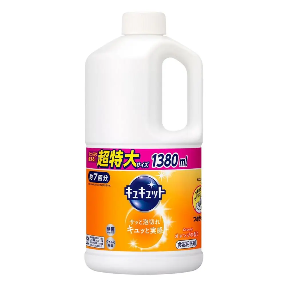 Nước Rửa Bát Hương Cam, Kyukyutto Dishwashing Liquid, Orange Scent, Jumbo Size Refill (1380ml) - KAO
