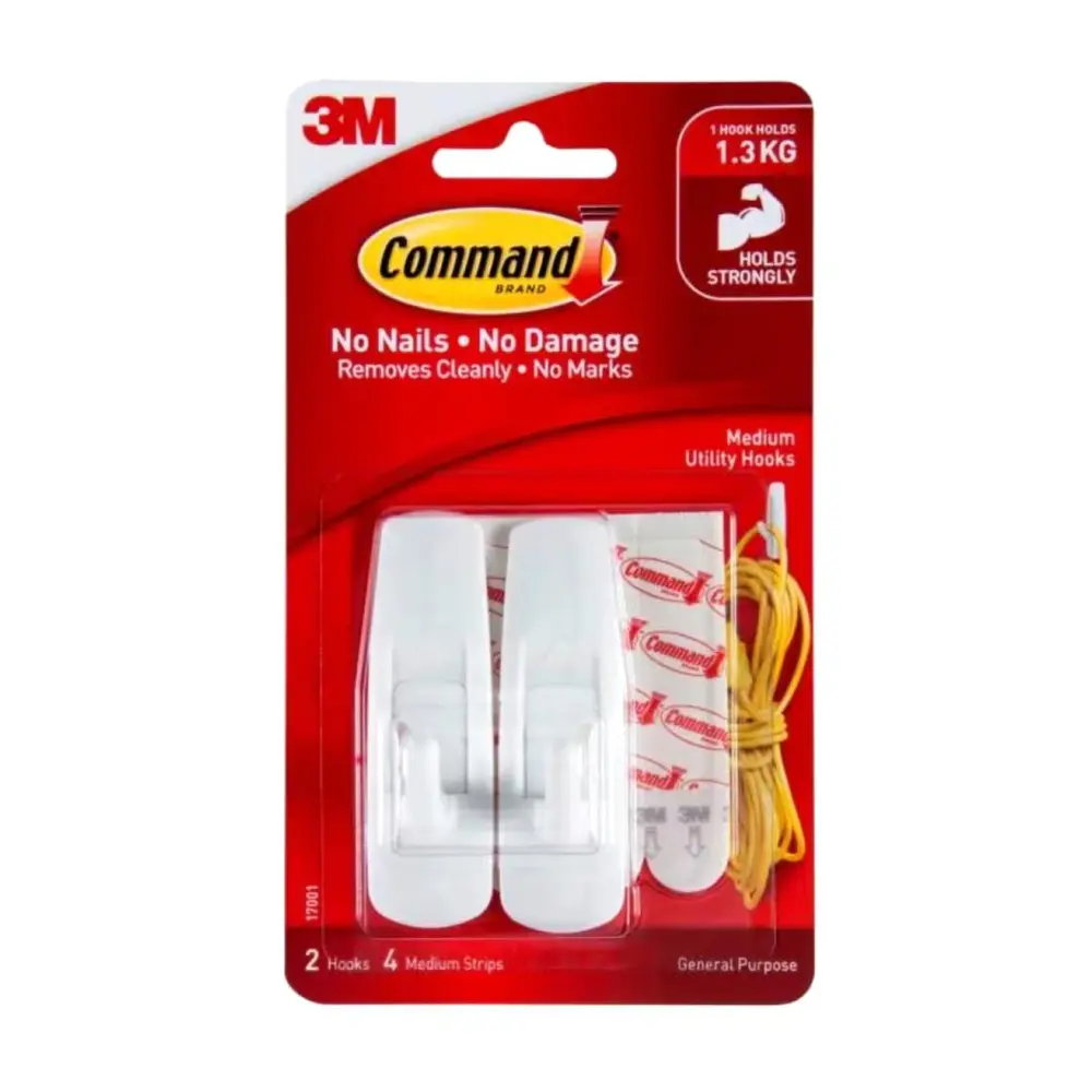 Móc Dán Treo Tường Vừa, Command, Medium Utility Hooks, Holds 1.3kg, 2 Cái & 4 Miếng Dán - 3M