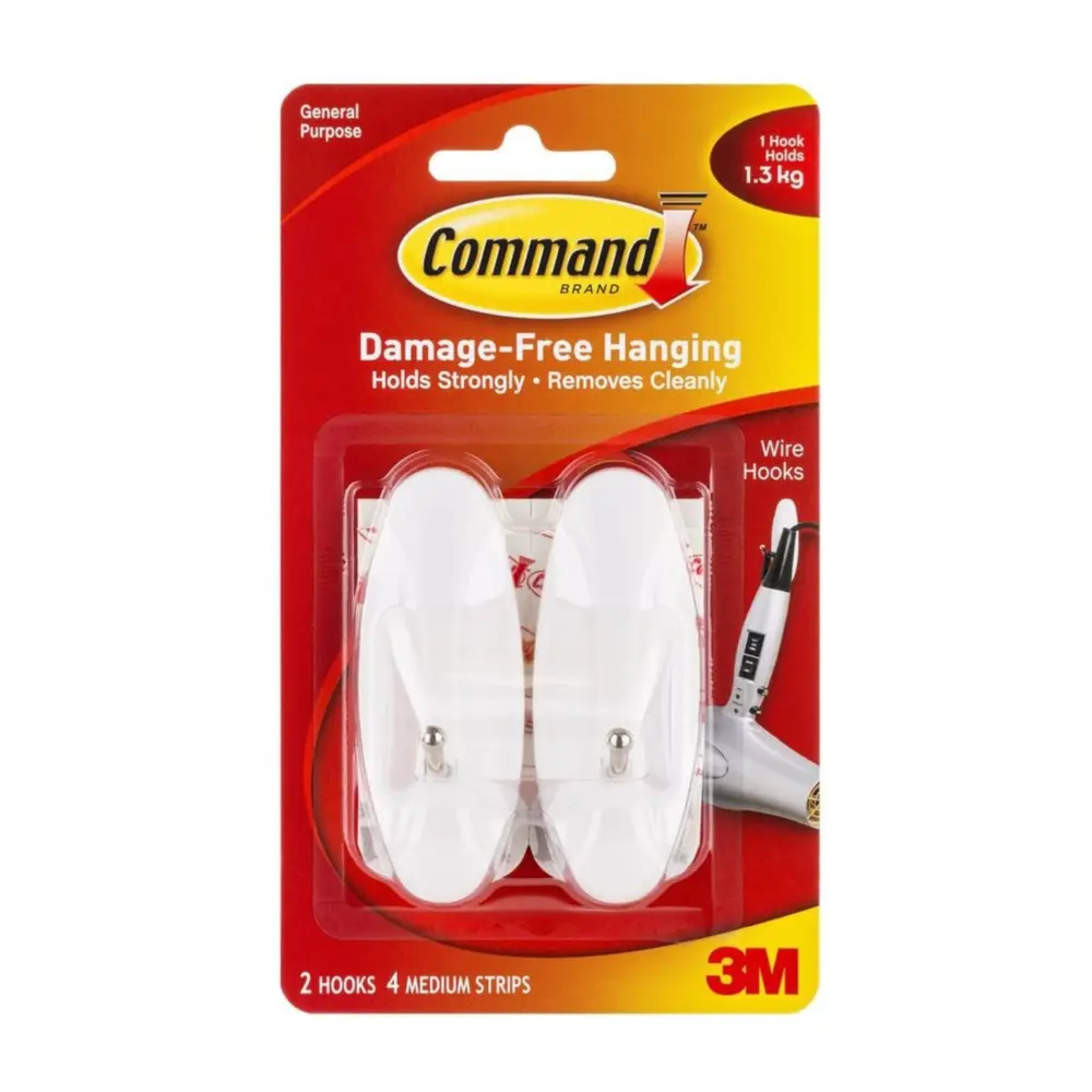 Móc Treo Tường Kim Loại Vừa, Command, Medium Wire Hooks, Holds 1.3kg, 2 Cái & 4 Miếng Dán - 3M