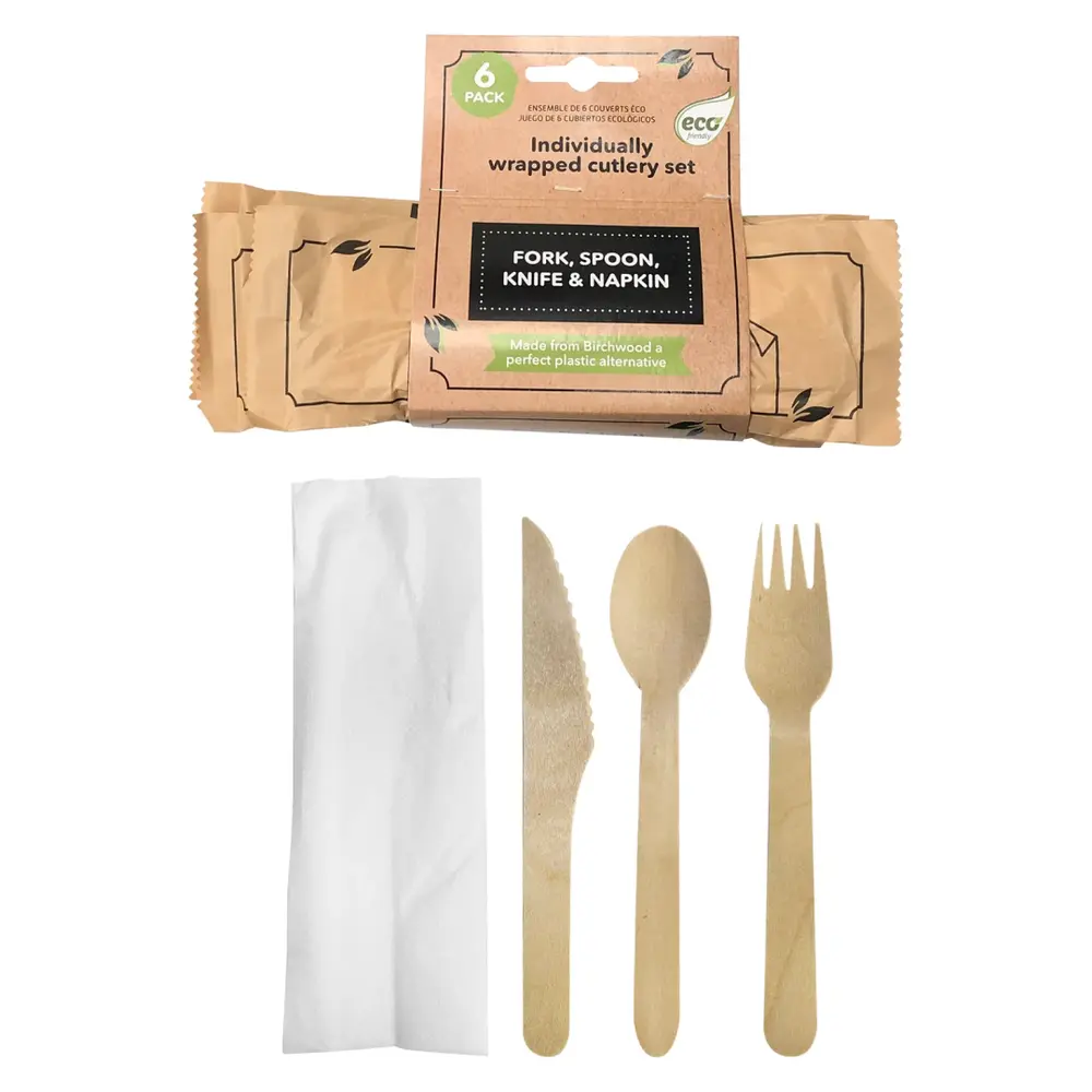 Bộ Dụng Cụ Ăn Thân Thiện Môi Trường, Eco Friendly Individually Wrapped Cutlery Set, Fork, Spoon, Knife & Napkin, 6 Bộ - UNCLE BILLS