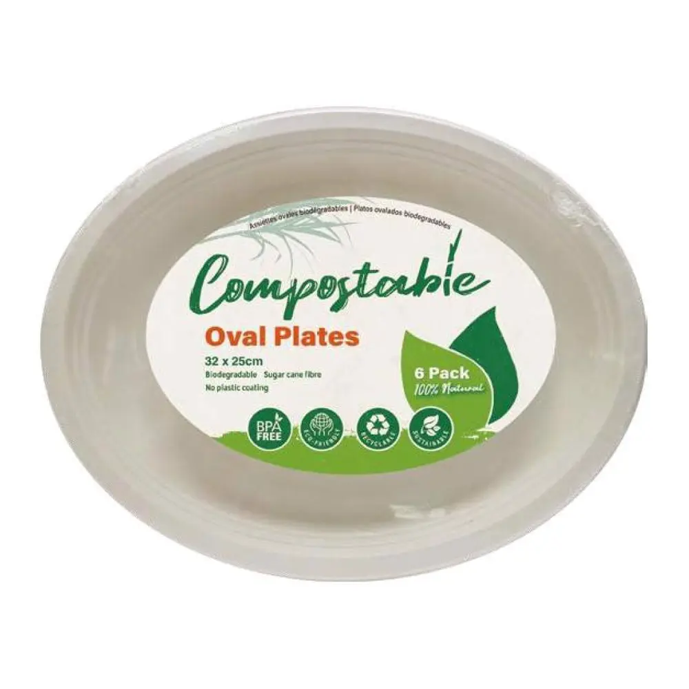 Đĩa Bã Mía Tự Phân Huỷ Hình Bầu Dục, Compostable Oval Plates, 6 Cái (32 x 25cm) - UNCLE BILLS