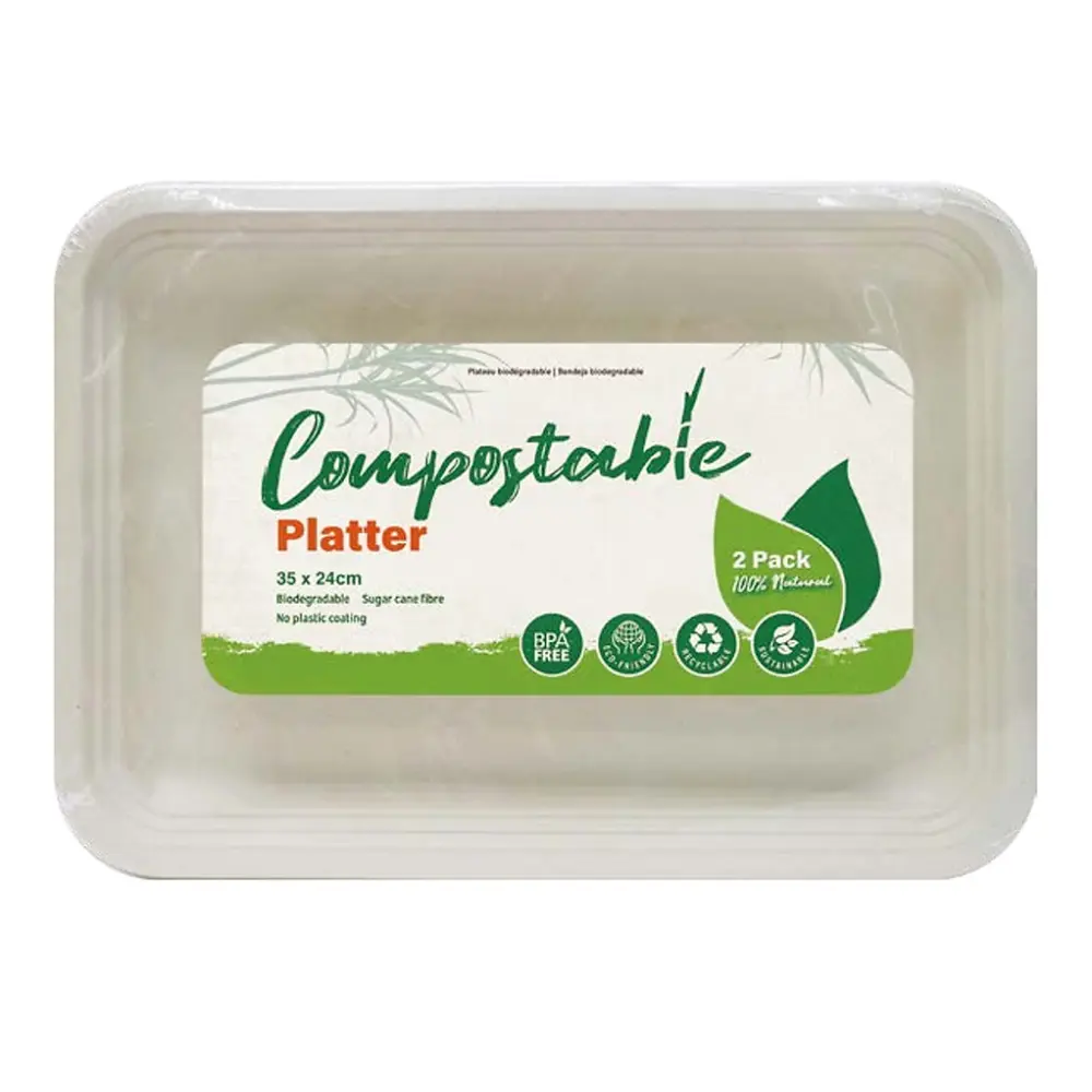 Khay Bã Mía Tự Phân Hủy, Compostable Platter, 2 Cái (35 x 24 cm) - UNCLE BILLS