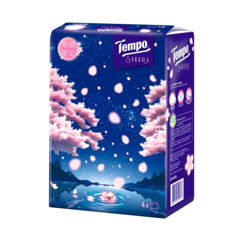 Khăn Giấy Rút 4 Lớp Hương Hoa Anh Đào, Softpack Facial Tissue, Sakura, 4 Gói (160 x 195mm) - TEMPO