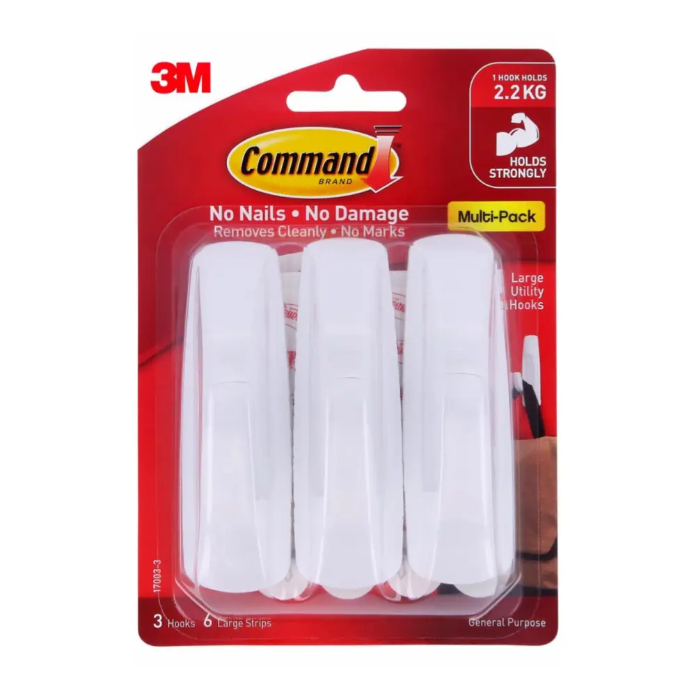 Móc Dán Treo Tường Lớn, Command, Large Utility Hooks, Holds 2.2kg, 3 Cái & 6 Miếng Dán - 3M